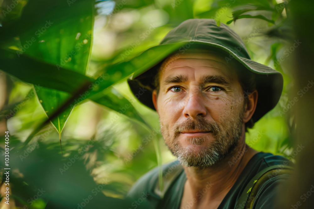 Biologist is taking a break in his research, surrounded by the lush greenery of a tropical rainforest Biologist is taking a break in his research, surrounded by the lush greenery of a tropical rainforest