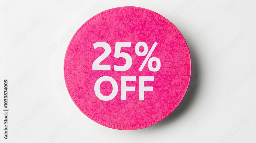 White '25% OFF' Text on a Pink Round Paper Note. White Background with Copy Space White '25% OFF' Text on a Pink Round Paper Note. White Background with Copy Space