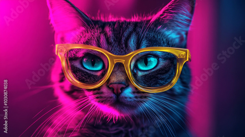 Cool Cat in Neon Sunglasses Pink and Blue Lighting Pet Portrait