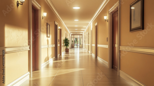 Wallpaper Mural Sunlit Hallway with Doors   Elegant Interior Design  Modern Architecture Torontodigital.ca