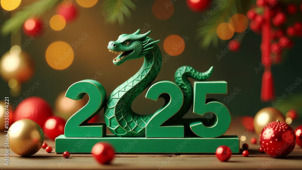 The numbers of 2025 are in the shape of a green snake, symbolizing the Lunar New Year. The numbers of 2025 are in the shape of a green snake, symbolizing the Lunar New Year.