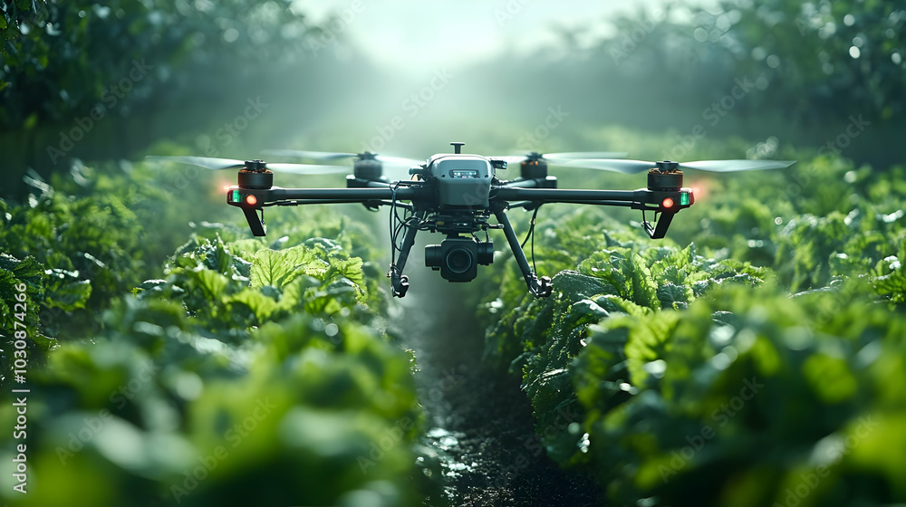 Drone flying over a field of crops, showcasing agricultural technology. Drone flying over a field of crops, showcasing agricultural technology.