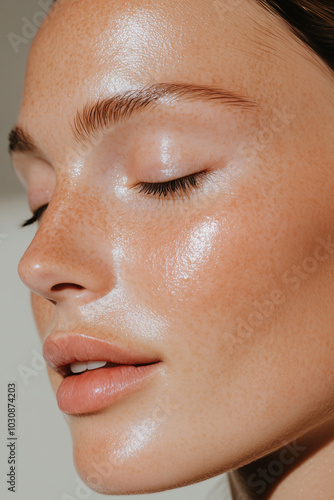 Close-up of fresh, healthy facial skin of a young woman without makeup, eyes closed, conveying calmness while emphasizing skin care, sun protection, eye care, and natural beauty concepts