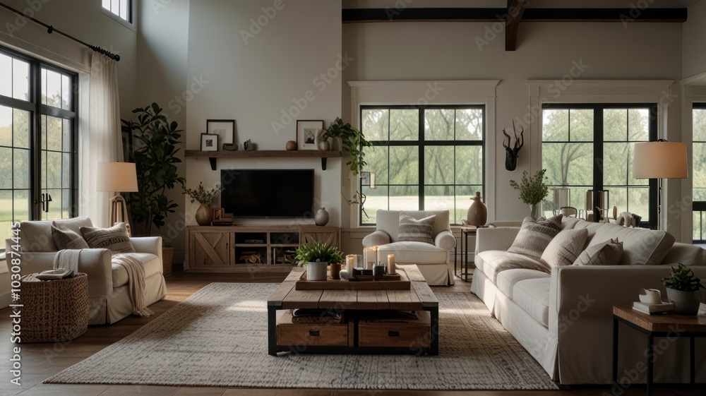 Fototapeta premium A spacious living room with large windows, a fireplace, a large sectional sofa, a coffee table, and an area rug.