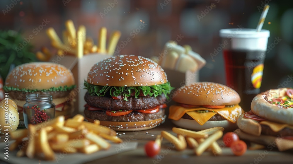 Juicy Cheeseburgers with French Fries and Soda - Fast Food Feast Juicy Cheeseburgers with French Fries and Soda - Fast Food Feast