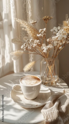 Cozy morning moment with a cup of coffee and dried flowers by the window in warm sunlight