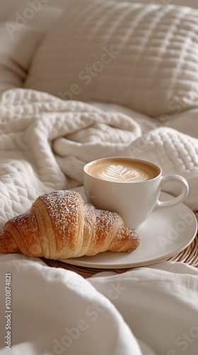 Enjoying a fresh croissant and latte on a cozy bed surrounded by soft white bedding in the morning light