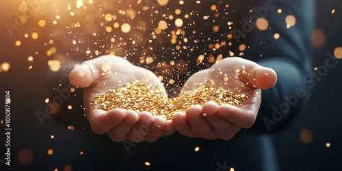 A person's open hands are filled with golden glitter, creating a magical and festive effect.