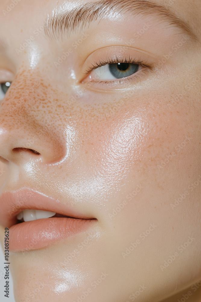 Fototapeta premium Close-up of fresh, healthy light skin of a young woman without makeup emphasizing skin care, hydration, sun protection, eye care, and natural beauty concepts