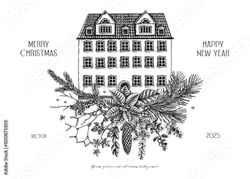 Merry Christmas card design. European architecture sketch. Vintage house drawing. Winter tree hand-drawn vector illustration. Floral background NOT AI generated