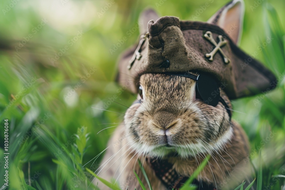 Pirate bunny in grass with tricorne hat and eye patch Pirate bunny in grass with tricorne hat and eye patch