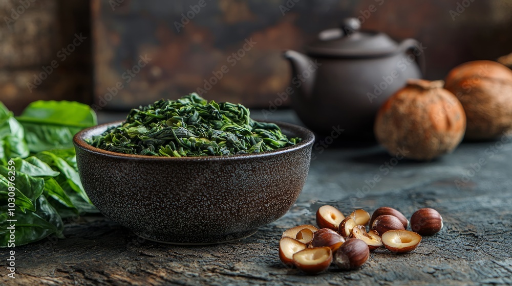 A bowl of freshly prepared leafy greens on a rustic kitchen table beside dried fruits and a teapot in a cozy setting A bowl of freshly prepared leafy greens on a rustic kitchen table beside dried fruits and a teapot in a cozy setting