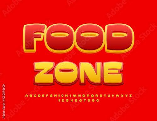 Vector creative flyer Food Zone. Yellow and Red Artistic Font. Stylish Alphabet Letters and Numbers. 