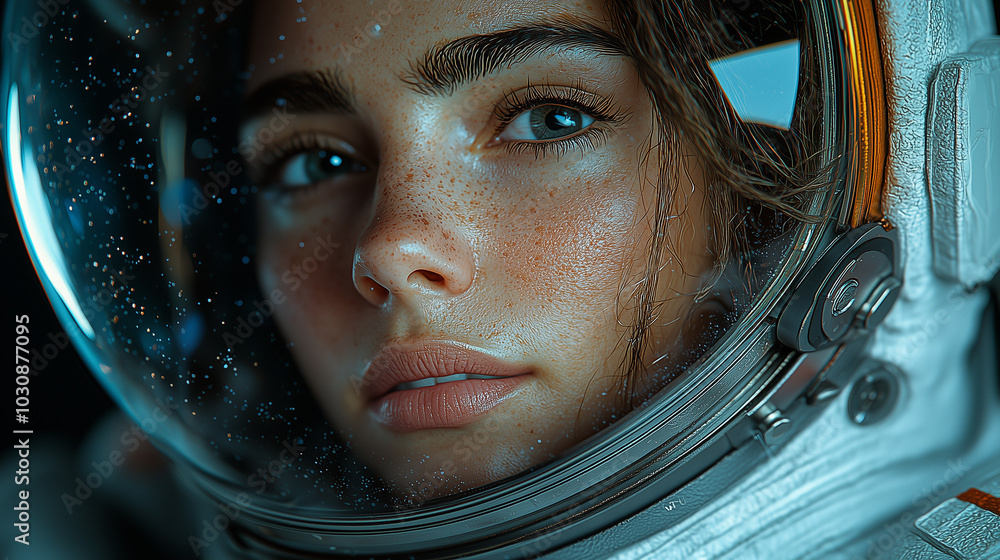Close-Up of Female Astronaut in White Spacesuit Against Starry Sky Close-Up of Female Astronaut in White Spacesuit Against Starry Sky