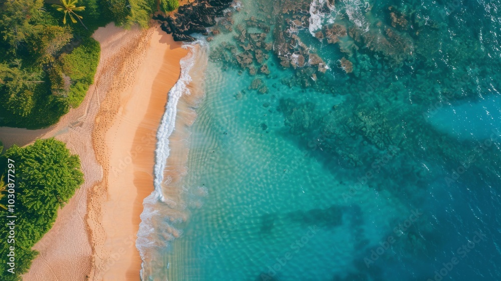 Aerial View of Tropical Beach with Azure Water and Palm Trees Aerial View of Tropical Beach with Azure Water and Palm Trees
