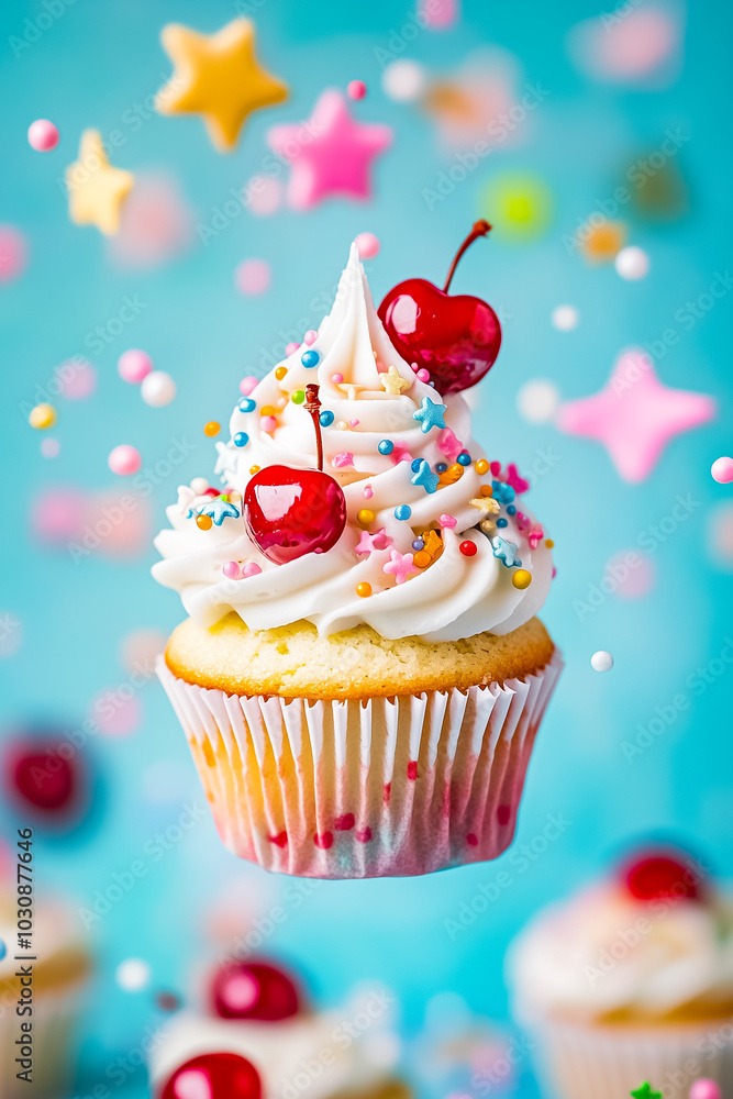 A delightful vanilla cupcake features a swirl of creamy frosting and cherry toppings, surrounded by festive sprinkles and playful star shapes, creating a cheerful atmosphere A delightful vanilla cupcake features a swirl of creamy frosting and cherry toppings, surrounded by festive sprinkles and playful star shapes, creating a cheerful atmosphere