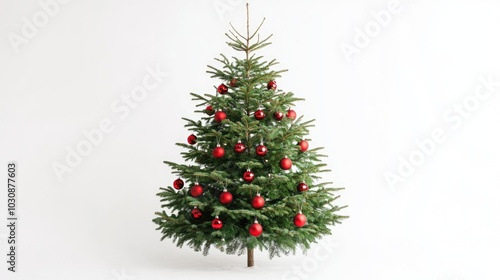 Beautiful decorated Christmas tree on isolated white background. Adorned with vibrant red ball ornaments, festive spirit. Lush green branches, warm atmosphere. Holiday cheer atmosphere. Festive design