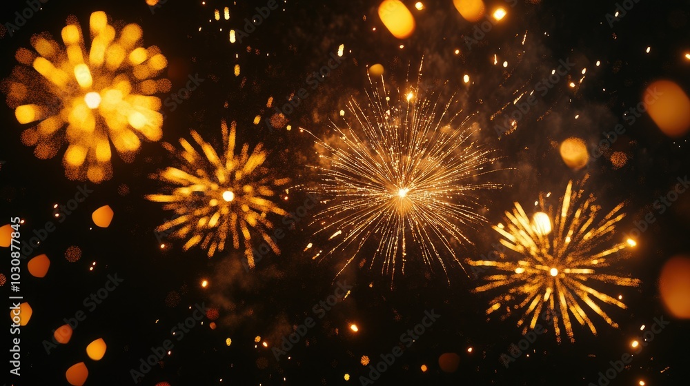 Naklejka premium Silvester Party Gold frame fireworks pyrotechnics firework on dark black night sky texture