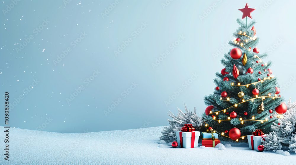 Obraz premium Christmas tree with ornaments in a white snowy background. Copy space for text advertisement.