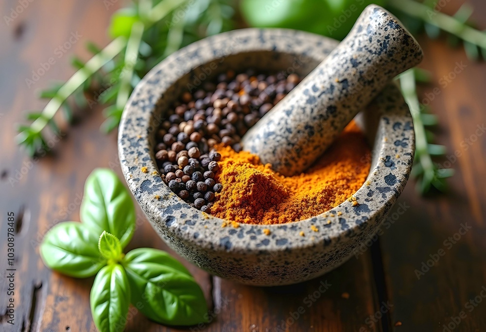 Herbs and Spices with Stone Mortar and Pestle Herbs and Spices with Stone Mortar and Pestle