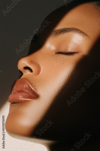 Close-up of fresh, healthy dark skin of a young woman without makeup, eyes closed, with sunlight creating a play of light and shadow, emphasizing skin care, hydration, sun protection, natural beauty