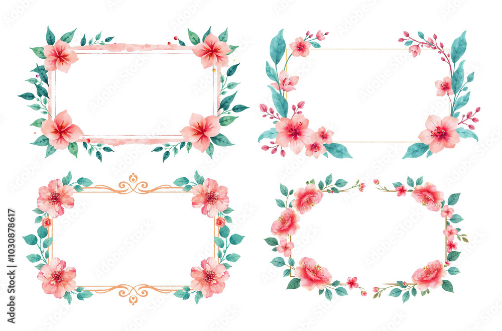 frame set with pink and deep teal, ornamental flowers and taro leaves, white background, ink style, brush stroke art frame set with pink and deep teal, ornamental flowers and taro leaves, white background, ink style, brush stroke art