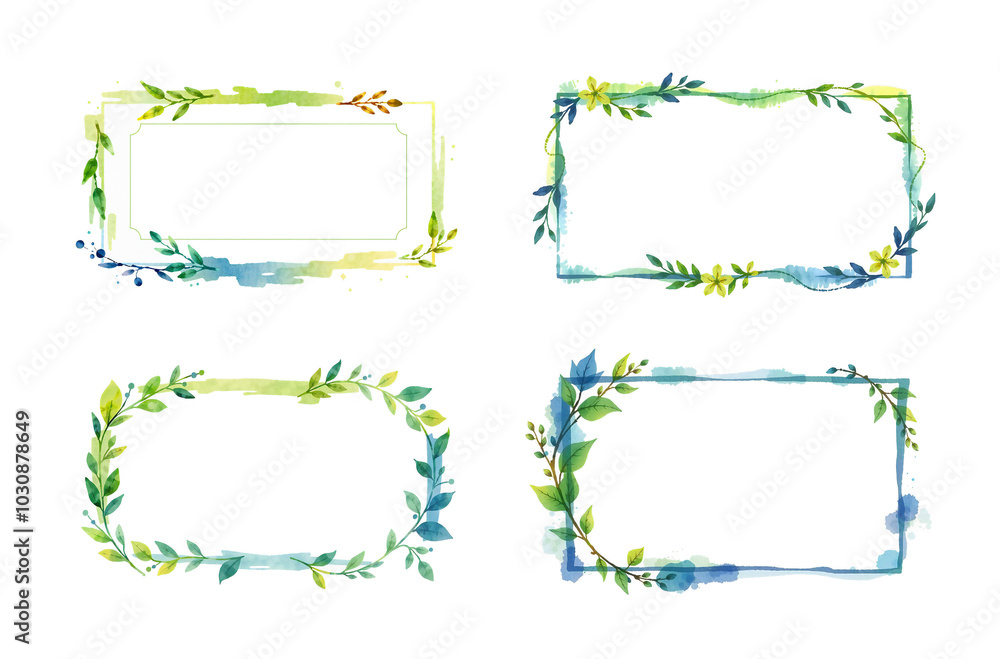 Fototapeta premium empty frames with lime and indigo, lilys and willow leaves, brush stroke art, stylized paint, isolated