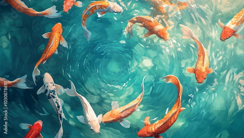 Bright Orange Koi Carps Swimming in Circular Motion in Clear Blue Turquoise Watercolor Background Illustration of Colorful Fish Underwater Scene with Decorative Pond Elements