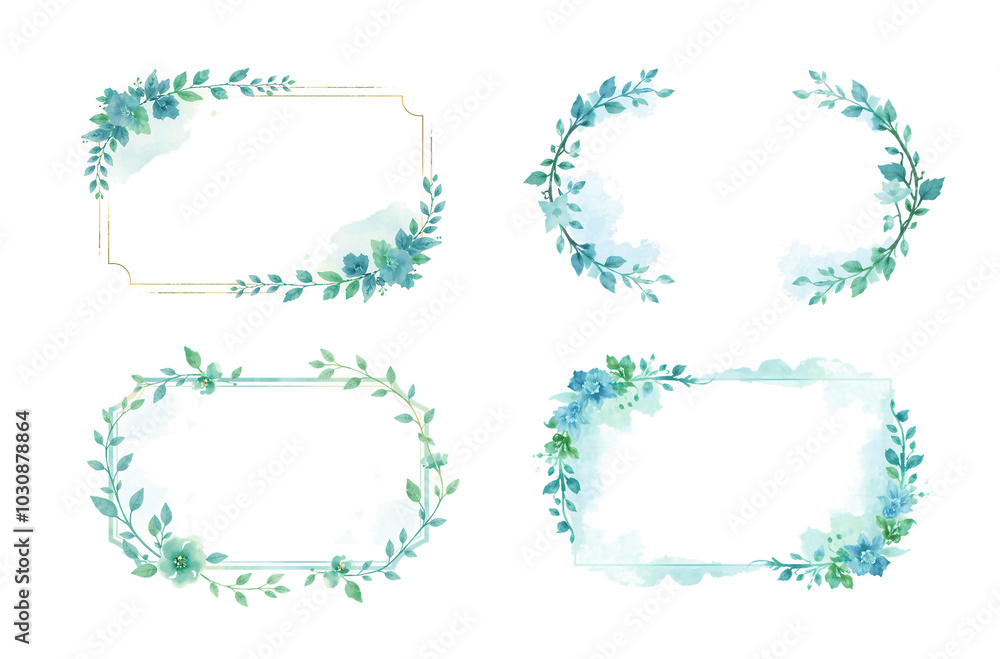 set of watercolor invitation frames with light blue and green, ornamental flowers and dense leaves, paint style card, brush strokes, isolated on white