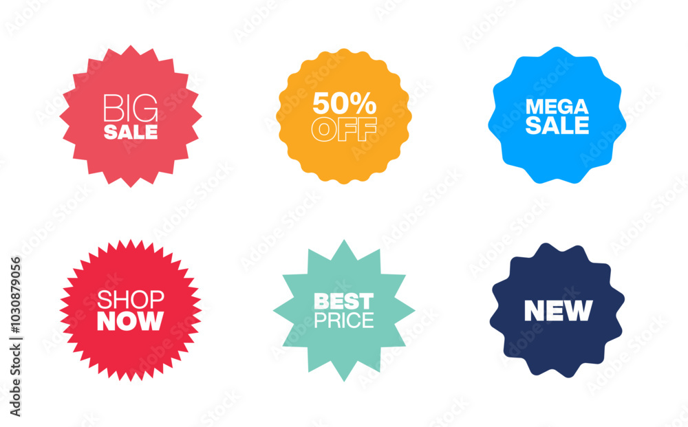 Set of vector red starburst, sunburst badges. Simple flat style vintage labels, stickers with sale discount text. Sale quality tags and labels. Template banner shopping badges.ickers Set of vector red starburst, sunburst badges. Simple flat style vintage labels, stickers with sale discount text. Sale quality tags and labels. Template banner shopping badges.ickers
