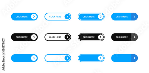 Click Here Button Web button set. Click button. Clicking the icon. Action button click here with click cursor. Vector illustration.e