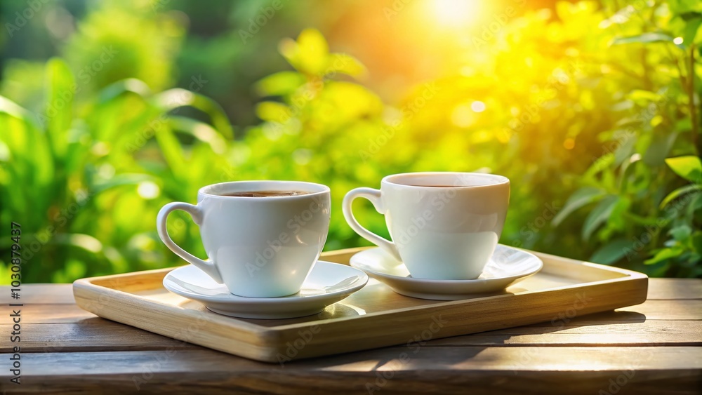 Serene Morning Coffee Experience with White Cups in Sunlight Serene Morning Coffee Experience with White Cups in Sunlight