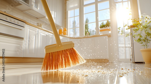 A sweeping broom collecting dust on a kitchen floor, cleaning and housekeeping concept