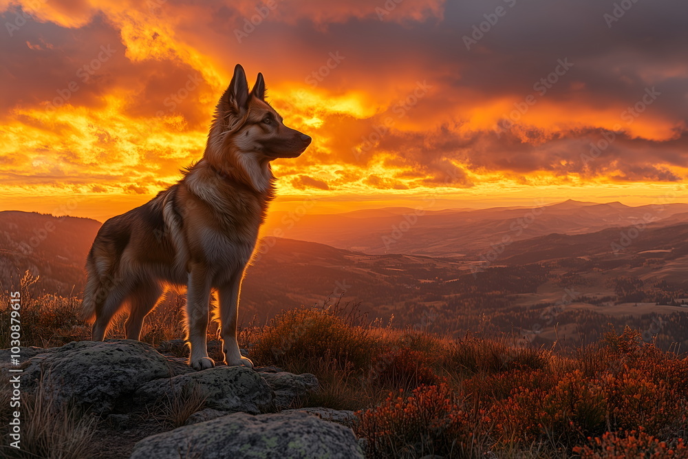 A German shepherd standing on a mountain trail, overlooking the valley below, domestic pets A German shepherd standing on a mountain trail, overlooking the valley below, domestic pets