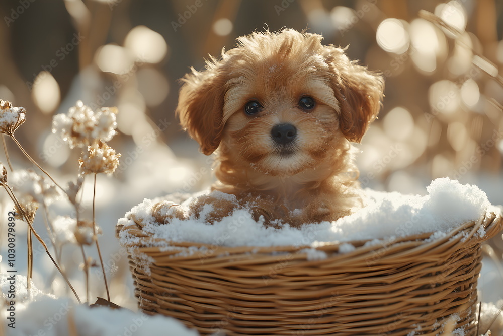 A small puppy sitting in a basket surrounded by snow, domestic pets A small puppy sitting in a basket surrounded by snow, domestic pets