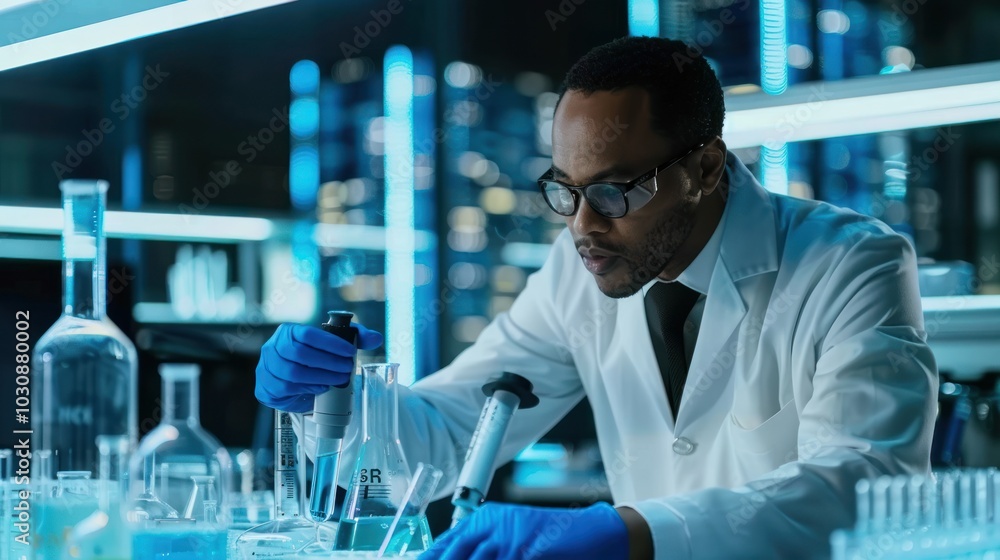 A Scientist in a Lab Coat Conducts an Experiment with a Pipette and Beaker A Scientist in a Lab Coat Conducts an Experiment with a Pipette and Beaker