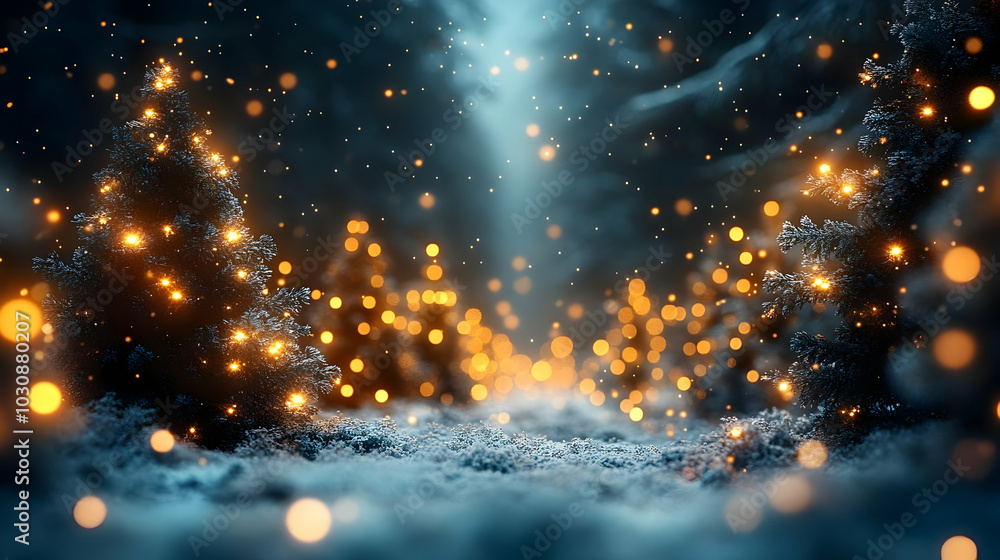 Obraz premium Enchanted winter forest with glowing lights and snow.