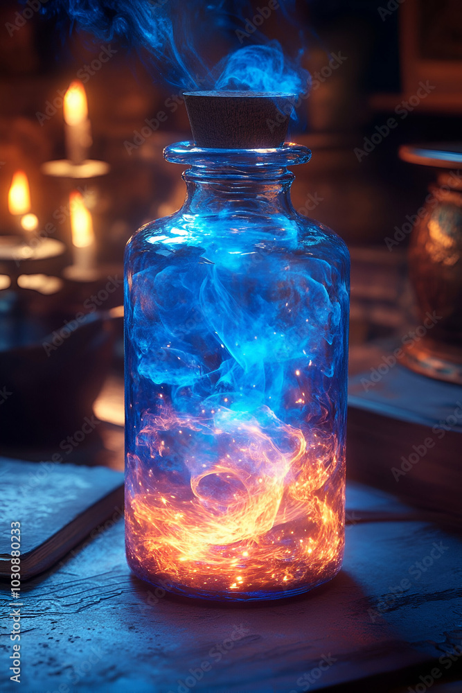 A mystical glass jar emits swirling blue and orange vapor, surrounded by candlelight, creating an enchanting, otherworldly atmosphere. A mystical glass jar emits swirling blue and orange vapor, surrounded by candlelight, creating an enchanting, otherworldly atmosphere.