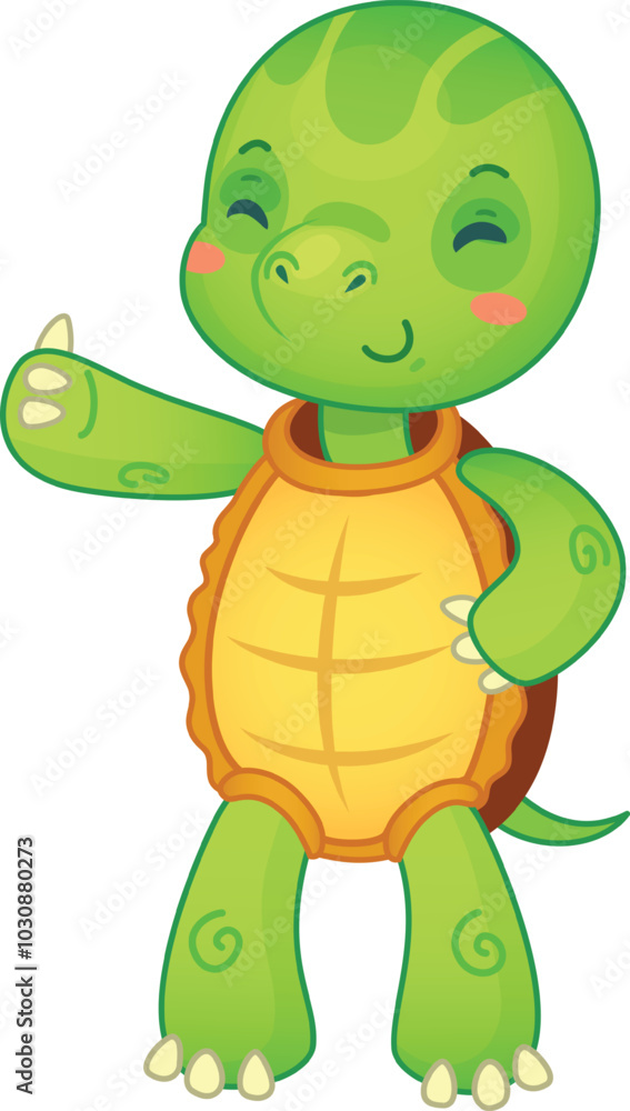 Obraz premium Cheerful cartoon turtle pointing and smiling on a white background, perfect for kids designs.