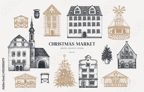 Vintage Christmas frame design. Architecture sketch. European fair background. Christmas market hand-drawn vector illustration. NOT AI generated