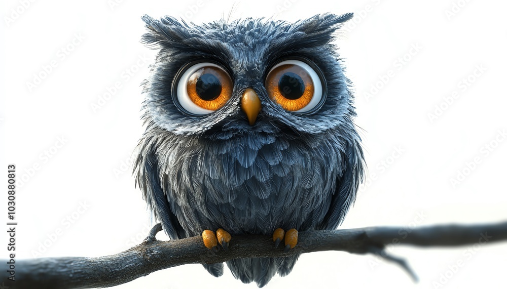 Fototapeta premium A charming, whimsical owl perched on a branch, showcasing its large, expressive eyes and fluffy feathers against a bright background.