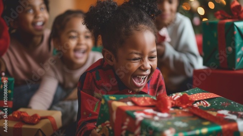 Happy black smiling girl is laughing while opening a christmas present, surrounded by friends and family in front of a decorated christmas tree. Happy New Year and Merry Christmas at home photo