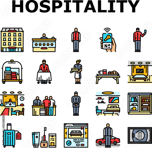 hospitality hotel service icons set vector. food, business reception, bed, event party, staff, breakfast, room restaurant, work hospitality hotel service color line illustrations