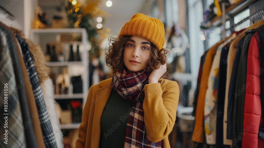 A fashionable beautiful woman in warm trendy winter outfit on a background of a clothing store, winter shopping and the festive season of New Year’s. A happy young girl is a customer in a shop A fashionable beautiful woman in warm trendy winter outfit on a background of a clothing store, winter shopping and the festive season of New Year’s. A happy young girl is a customer in a shop