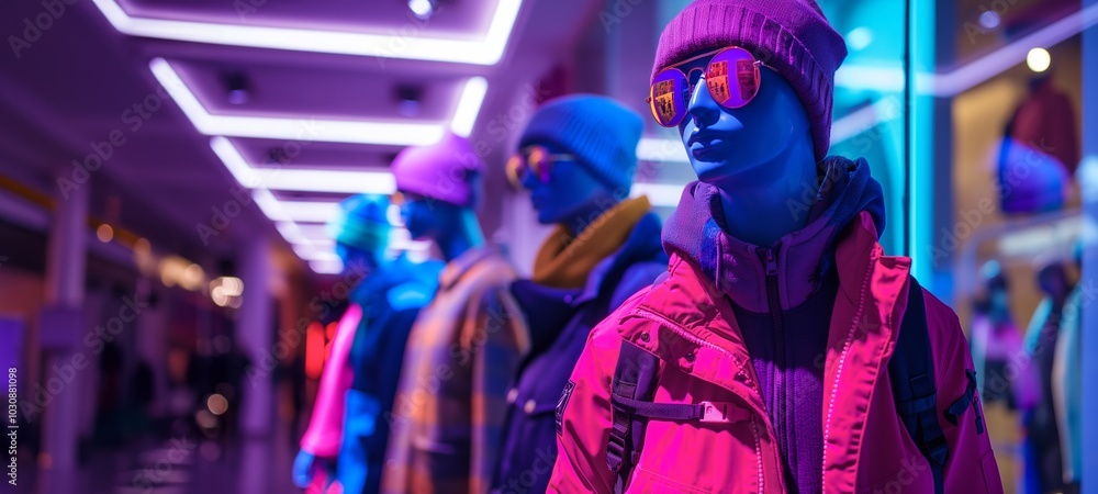 A boutique window display showcasing mannequins dressed in a variety of warm outerwear, jackets, coats, complemented by knitted hats, winter fashion collection, shopping season. Background copy space A boutique window display showcasing mannequins dressed in a variety of warm outerwear, jackets, coats, complemented by knitted hats, winter fashion collection, shopping season. Background copy space