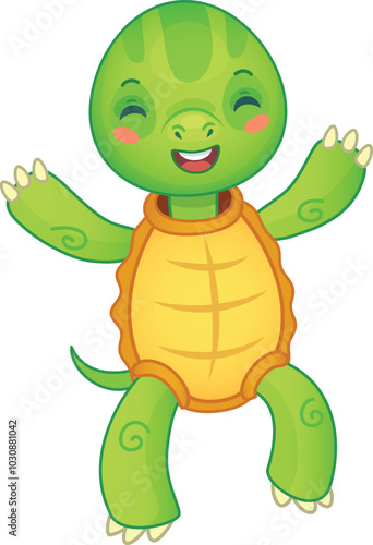 Cheerful cartoon turtle happily walks with arms wide open and a big smile, perfect for kids designs.