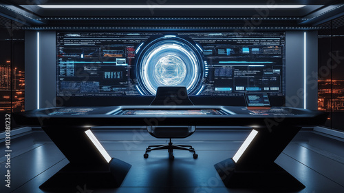 Futuristic home office with interactive touch walls, a holographic display for virtual meetings, and ultra-minimalistic furniture. Matte walls and adjustable integrated lighting create 