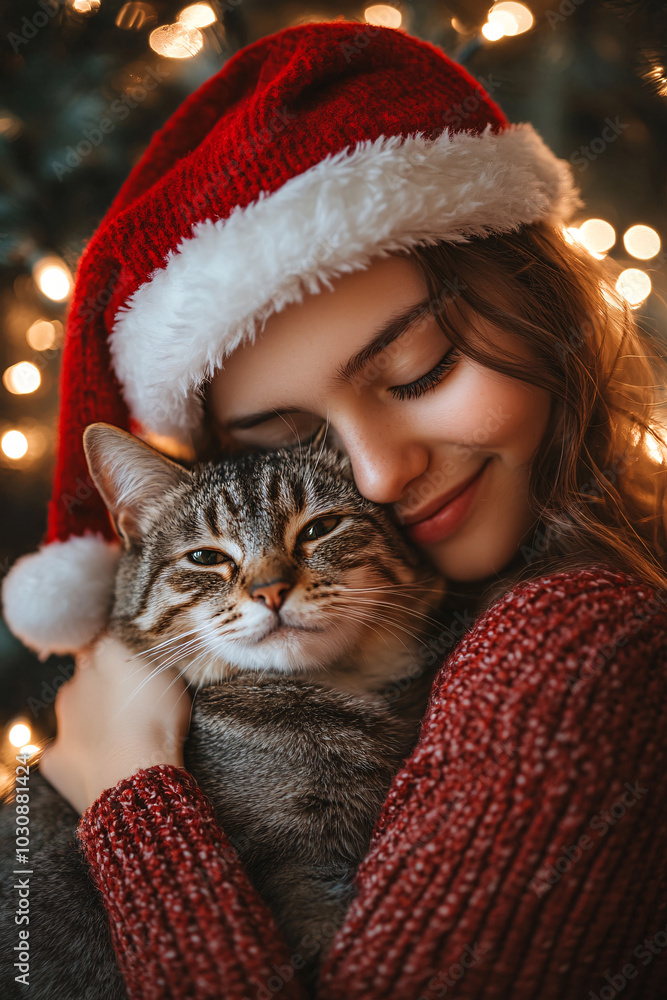 A heartwarming Christmas scene of a young girl wearing a Santa hat, gently holding her cat in front of glowing holiday lights. The cozy and festive atmosphere perfectly captures the essence Christmas A heartwarming Christmas scene of a young girl wearing a Santa hat, gently holding her cat in front of glowing holiday lights. The cozy and festive atmosphere perfectly captures the essence Christmas