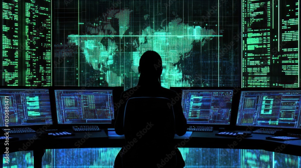 Silhouetted Hacker Working on Multiple Computer Screens with Green Code and World Map Silhouetted Hacker Working on Multiple Computer Screens with Green Code and World Map