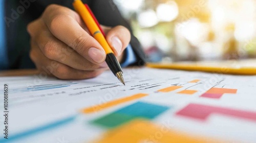 A close-up of a hand holding a pen, writing on a document with colorful charts and graphs in a modern office setting.